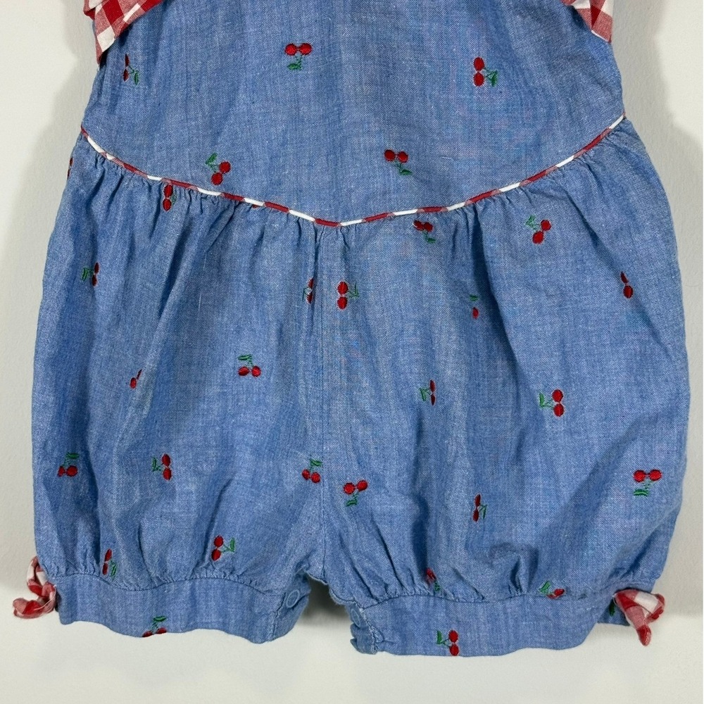 Vintage Cherry Embroidered Chambray Bubble Romper Gingham Bow Toddler 3 832529 - Picture 3 of 12